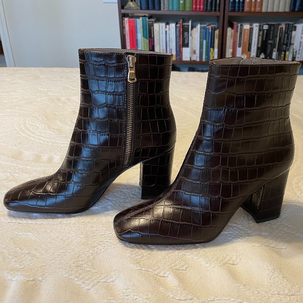 North Embossed Leather Heeled Booties, dark brown, 6.5